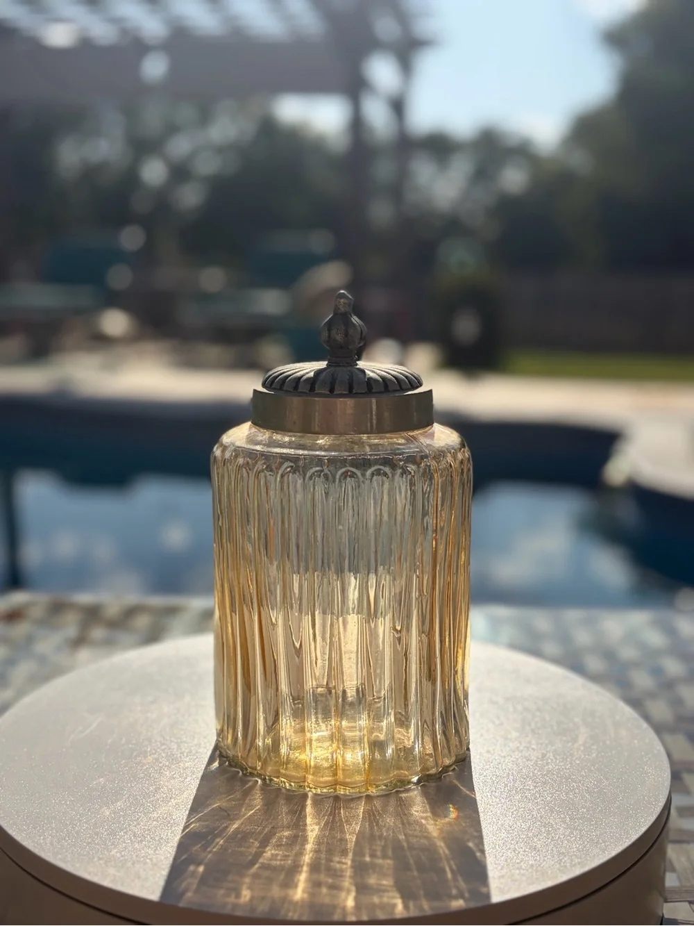 Decorative Amber Glass Jar with Ornate Metal Lid - Home Accents